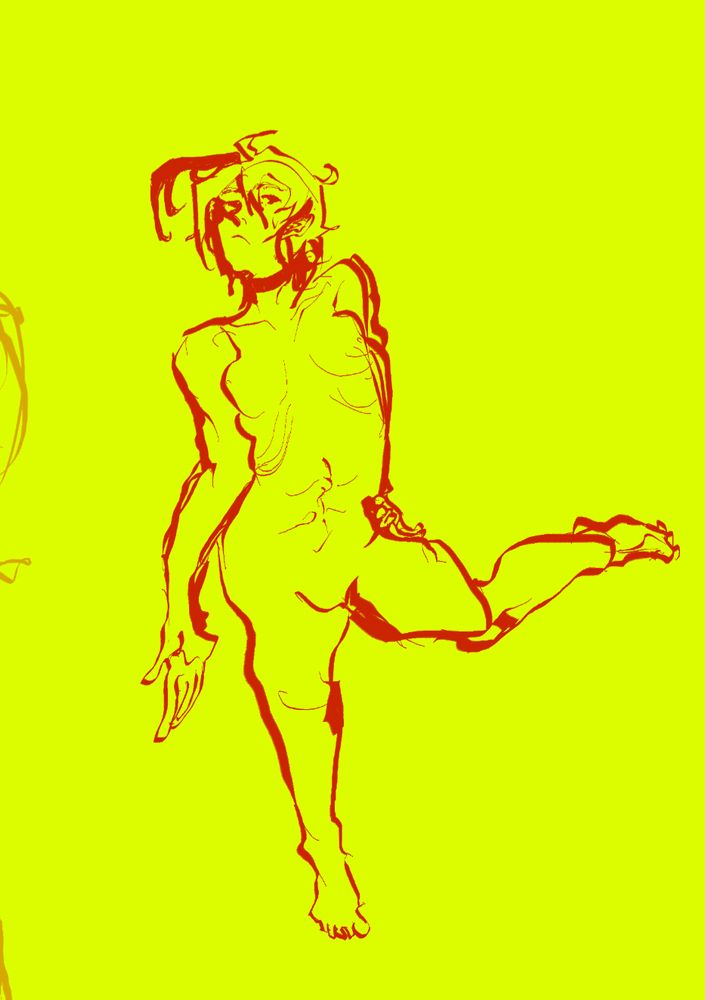 Red lined procreate drawing of VFlower. She is naked. 