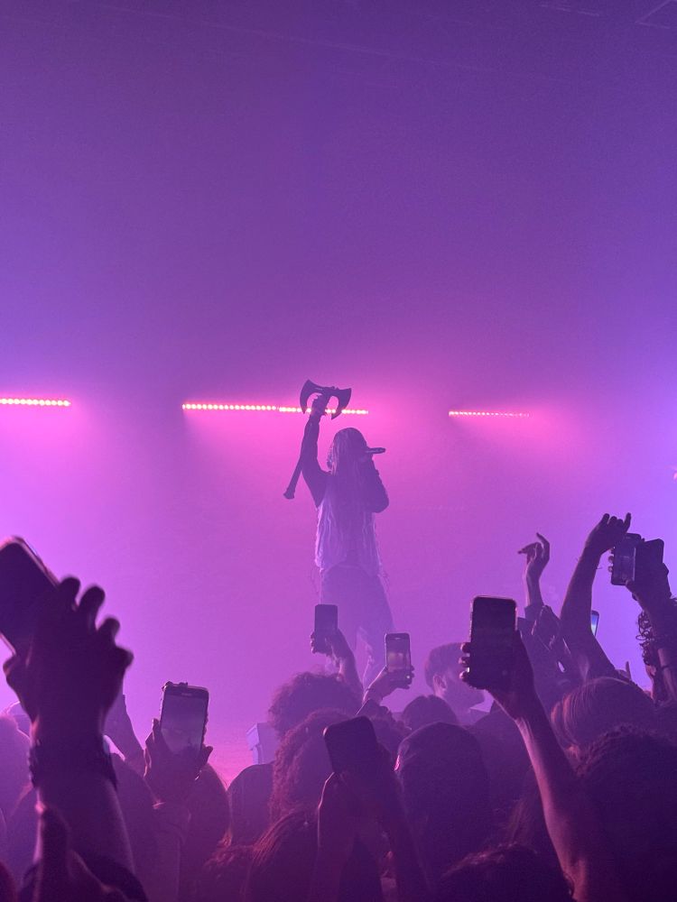 Bladee, backlit by pink lights, holding his axe shaped mic stand above his head
