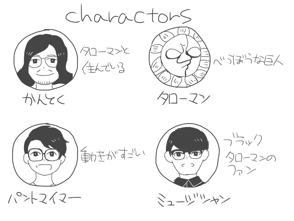 「かんとく」「タローマン」「パントマイマー」「ミュージシャン」の紹介風イラスト