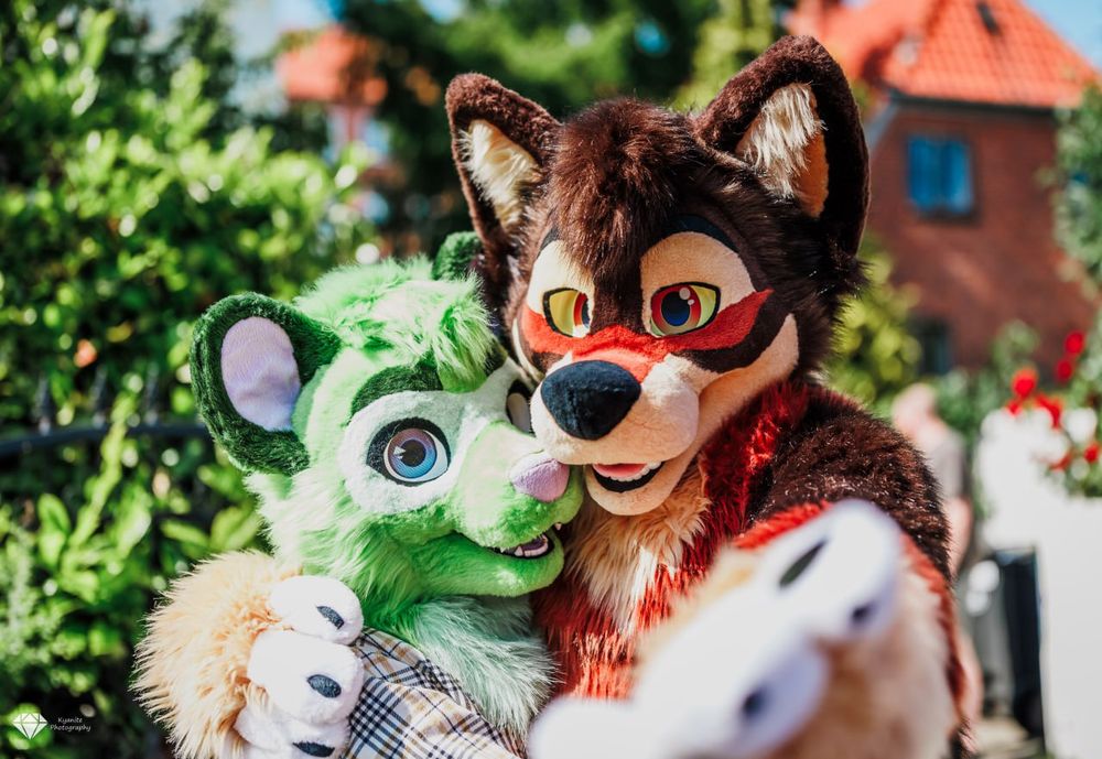 A green raccoon and a brown wolf fursuits having a nice hug on  a sunny day