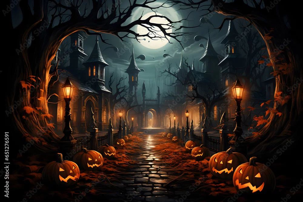 Adobe Stock Photo of a street with jack-o-lanterns and trees lining the bricks. Spooky looking houses and a full moon.