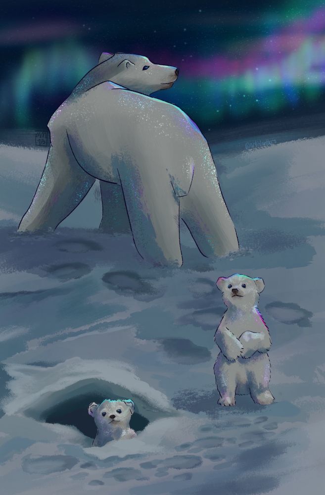 A mother polar bear and two cubs. The cubs are leaving their den for the first time. One only pokes its head out while the other stands on its hind legs to look around. The mother stands further back but watches them over her shoulder. The northern lights glimmer in the sky, casting colored light onto the three bears, and the constellations Ursa Major and Ursa Minor are visible beyond the lights.