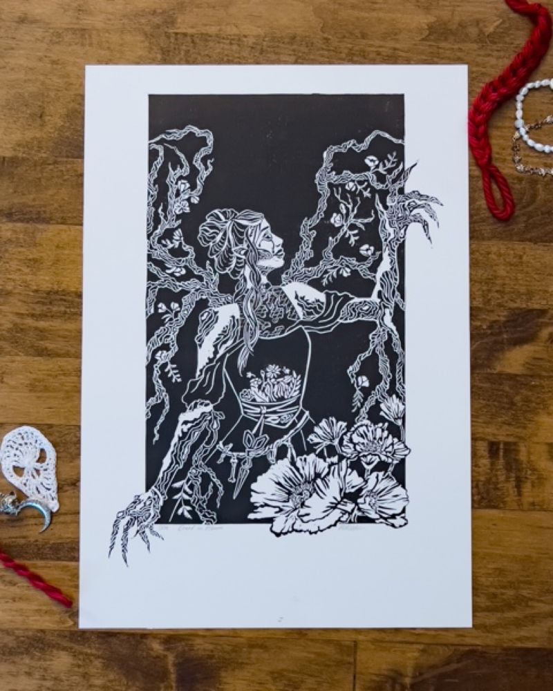 Dread in Bloom Linocut Print - artistantlers's Ko-fi Shop