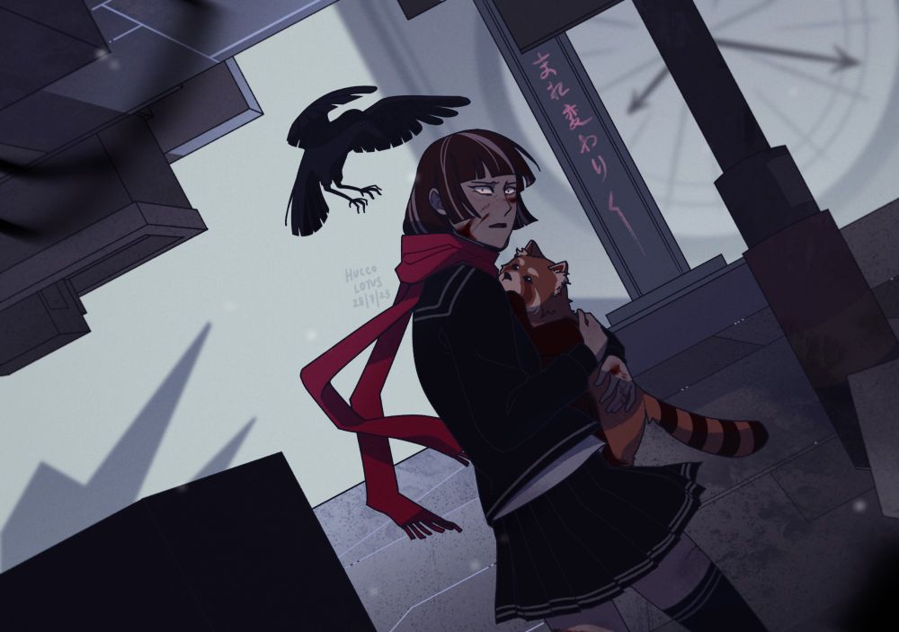 Digital illustration of a girl holding a red panda and a crow following them against a surreal backdrop.