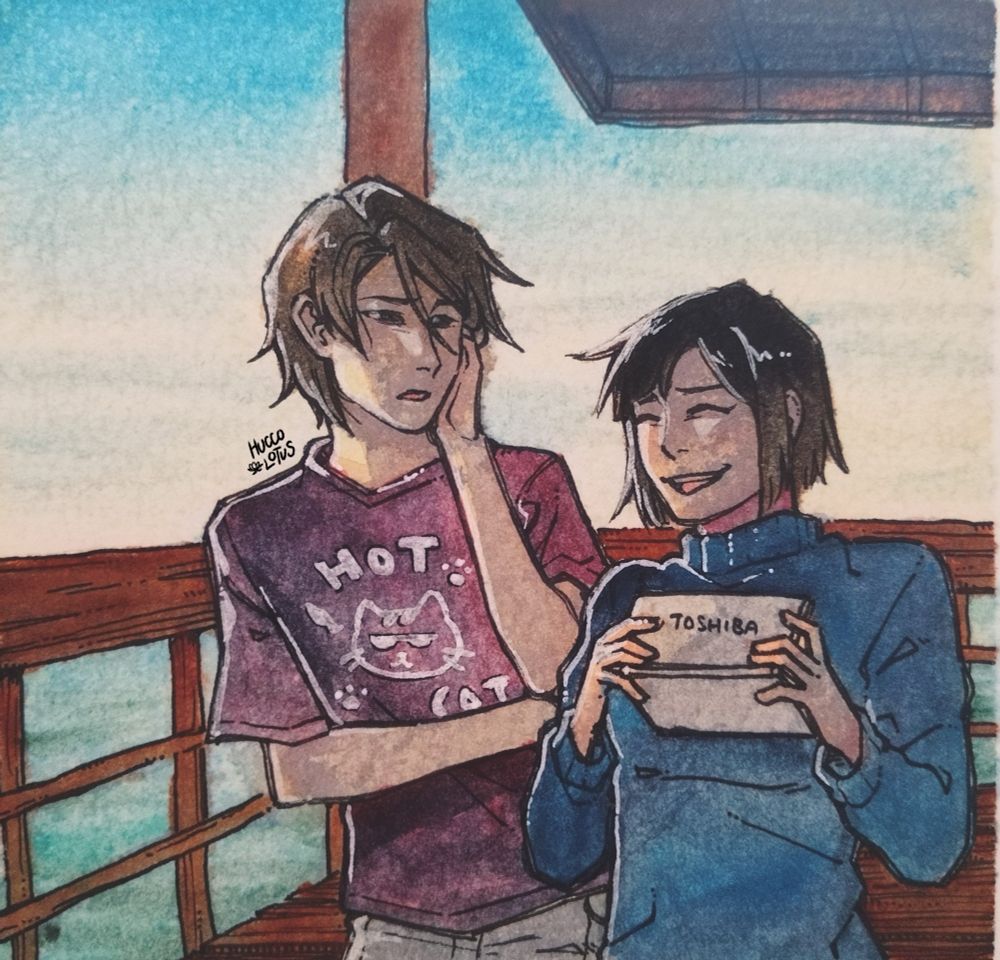 Traditional drawing of two people standing on a pier.
