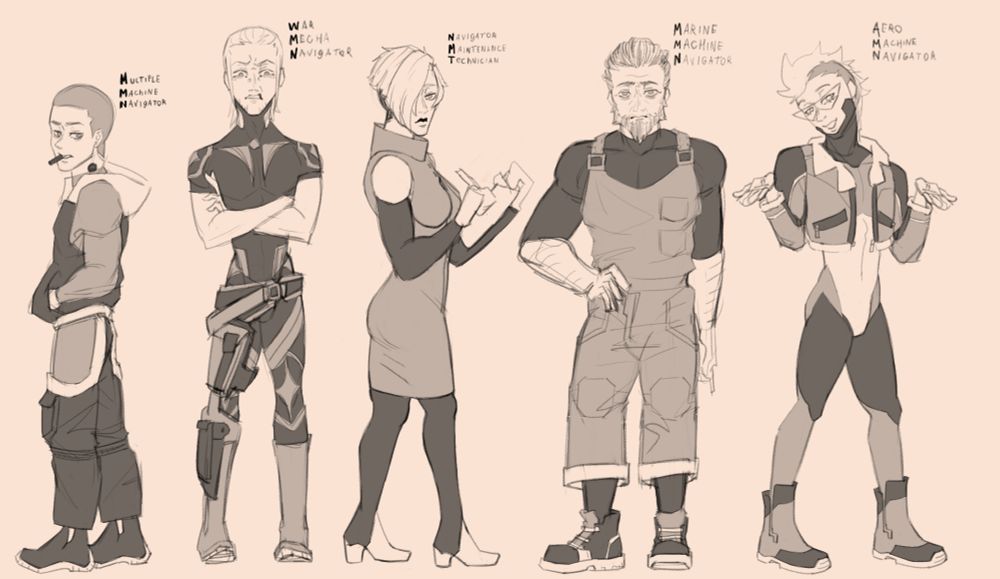 Uma linha com 5 personagens meus que especifica cada função deles, tendo um homem mais baixo com o cabelo raspado e agasalhado, um homem mais alto om um cabelo longo e claro usando um collant e bolsas nas pernas, uma mulher com um cabelo de duas cores e uma grande franja segurando uma prancheta e caneta, um homem de meia idade com uma barba grande e cabelo curto mais grisalho, usando um macacão e por fim, um homem com um moicano óculos escuros usando collant com uma jaqueta.