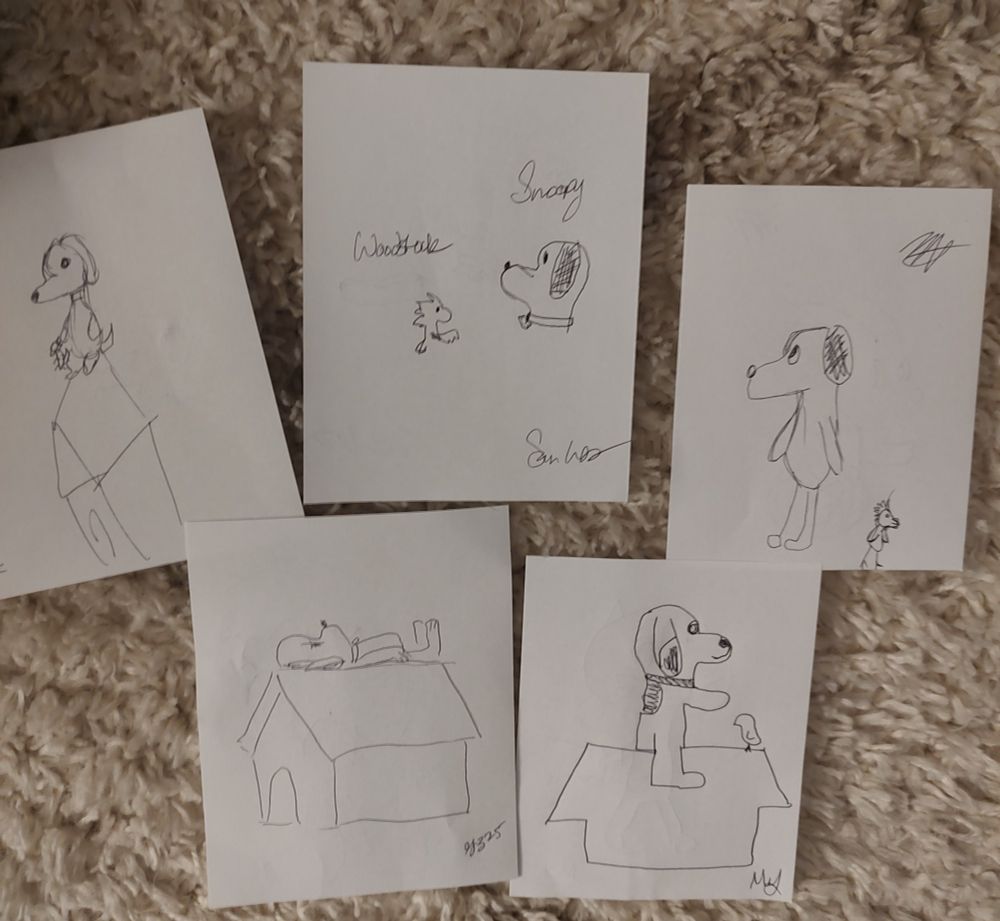 Five sheets of paper on a white carpet with hand drawn depictions of Snoopy and Woodstock from Charlie Brown at varying levels of accuracy