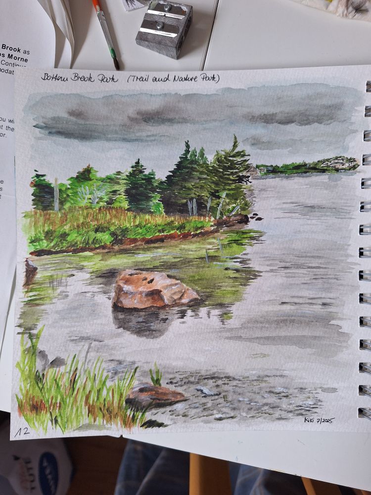 Aquarellbild eines kleinen Gewässers. In der Mitte des Wassers liegt ein dicker Stein, dahinter am Ufer wachsen ein paar schiefe Bäume, die sich im Wasser spiegeln.