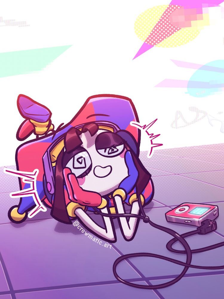 Pomni from The Amazing Digital Circus on the floor of a bright liminal space listening to music on a red MP3 player with purple headphones, wearing an expression of dazed enjoyment as the music blasts her digital eardrums.