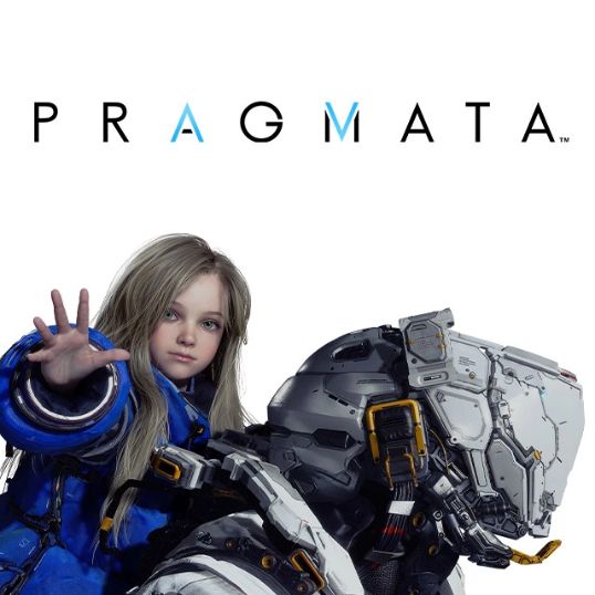 key art for Pragmata. It features an astronaut-looking character facing the right, while a little girl with blonde hair and a blue jacket rests on his back. the girl has her hand up to the viewer's POV