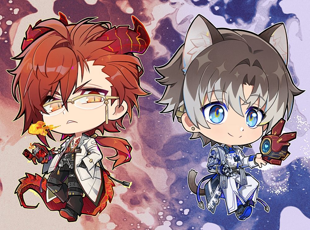 Mortefi with dragon horns and a tail (rip) and Xangli Yao with cat ears and his robot from Wuthering Waves