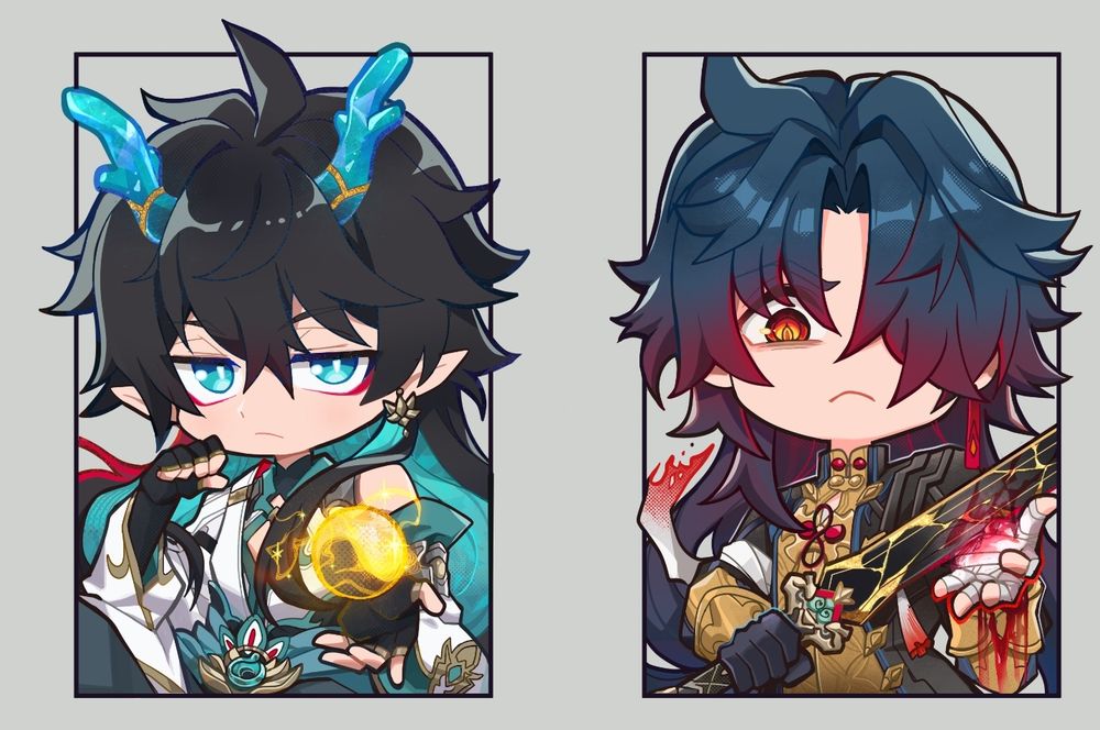Ibibitor Lunae and Blade from HSR in chibi form. Blade stop cutting yourself.