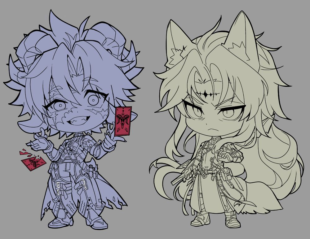 Goat Scar and Wolf Calcharo chibis on a grey background from Wuthering waves