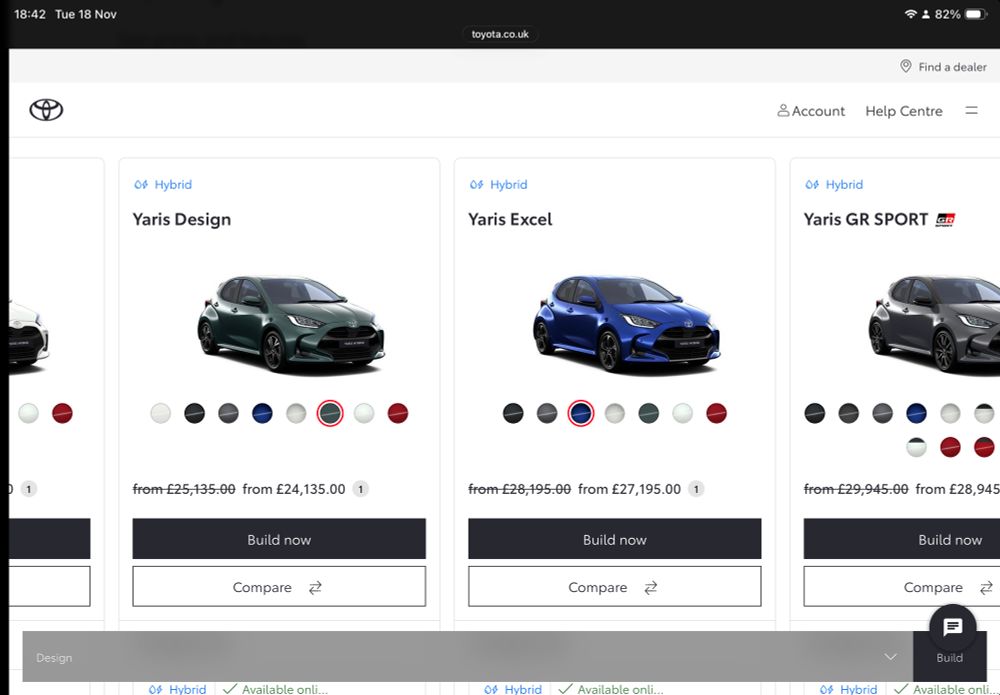 Screen capture of the Toyota UK Yaris configurator showing prices from £22k to £29k.