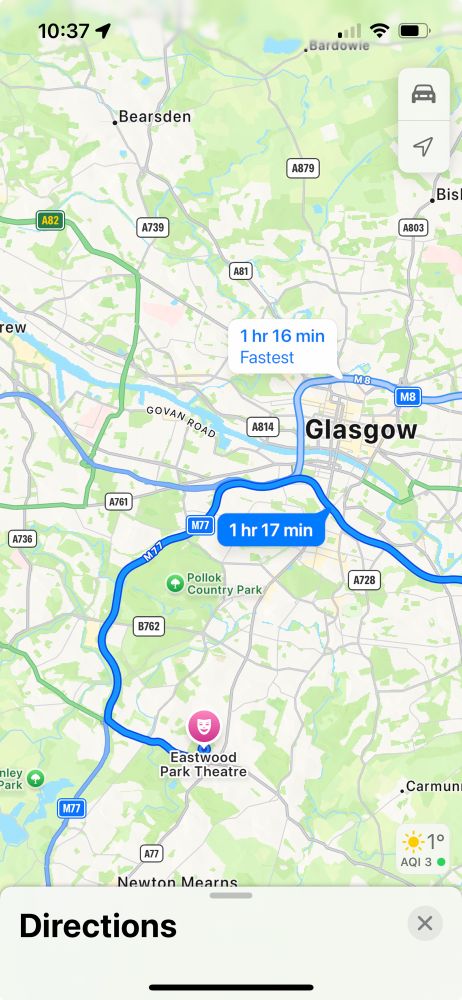 Map showing the Eastwood Park Theatre in relation to central Glasgow.