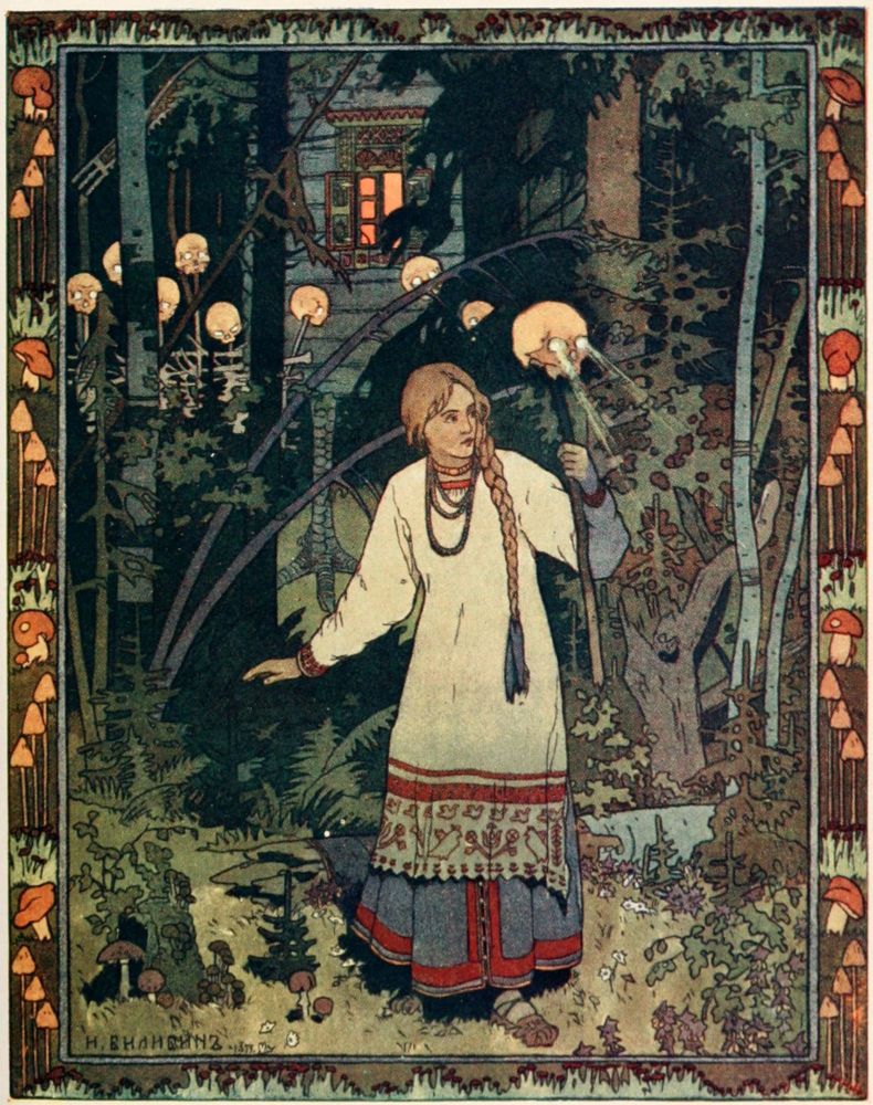 A painting of Vasilisa the Fair at the Hut of Baba Yaga, by Ivan Bilibin