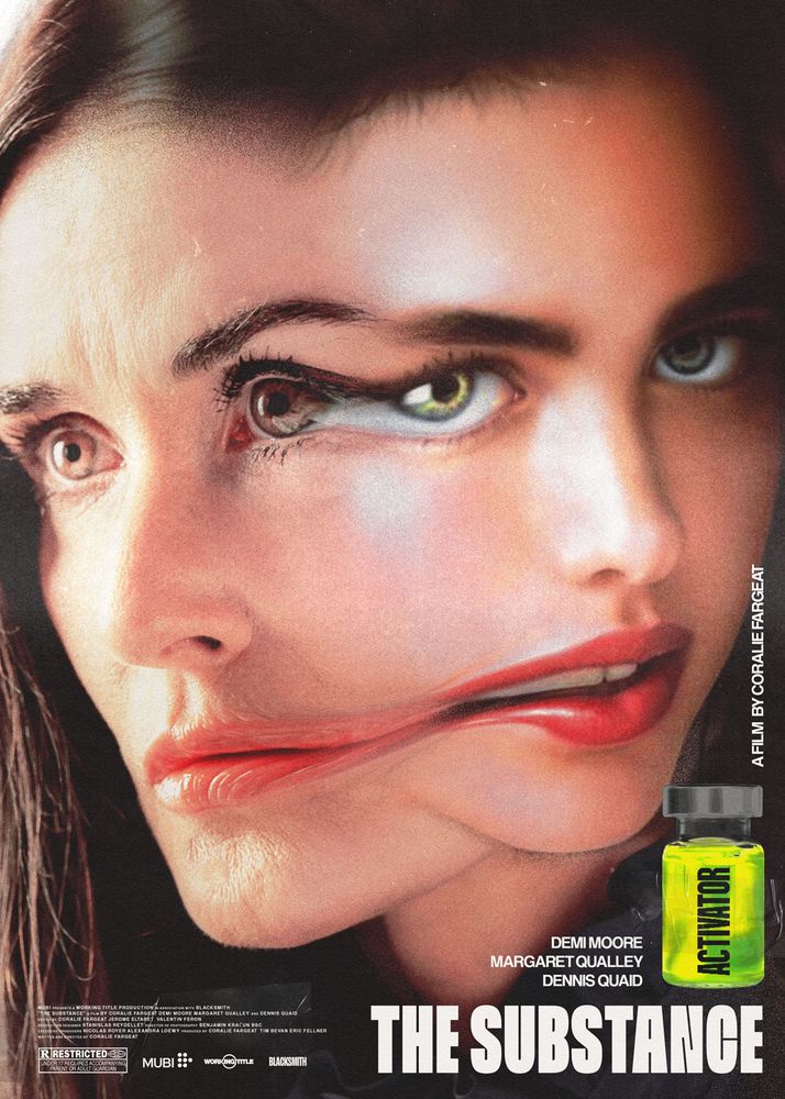 Poster for the film The Substance showing one face splitting into two.