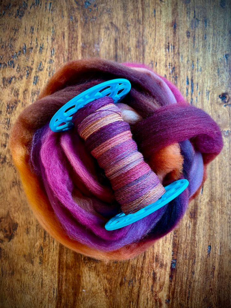 A bobbin of colorful singles rests on unspun wool top with shades of burgundy, orange and purple.