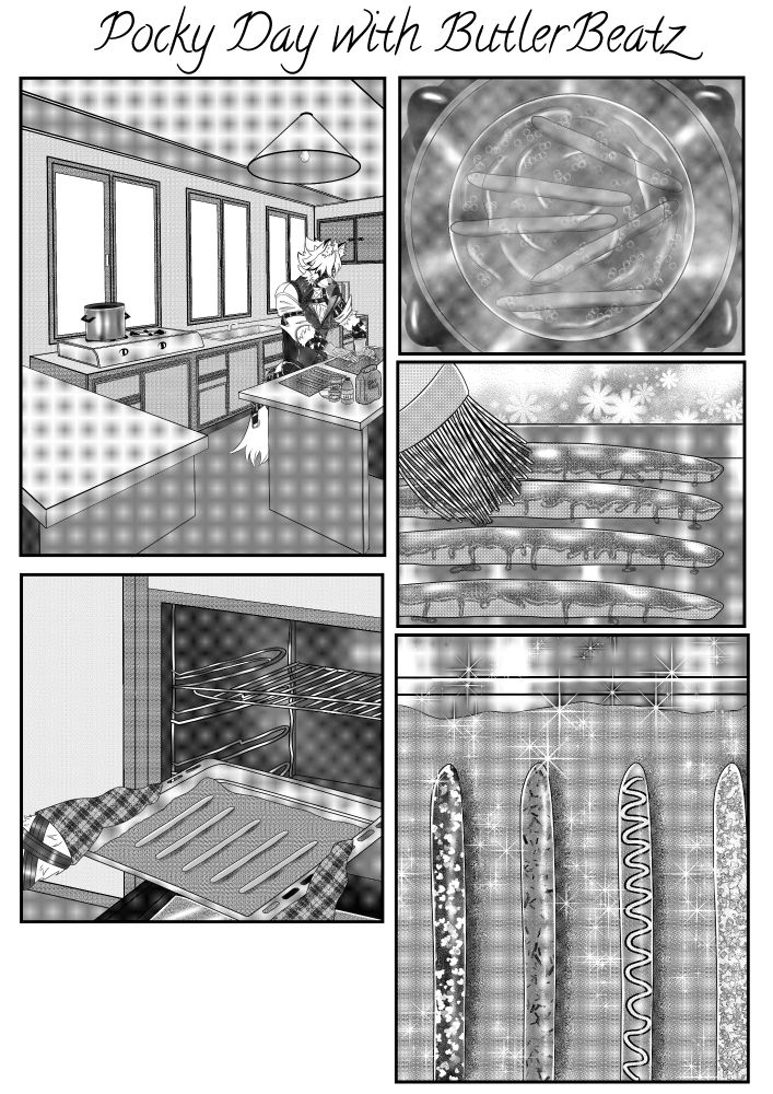 Lycaon making allergen free Pocky for Zemira based on a recipe he found. (Zemira can't have wheat, yeast, egg, or milk)