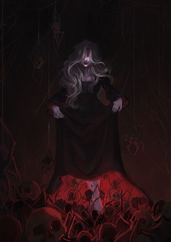 A woman stands in the dark, she raises the hem of her dress and spiders come out from under it