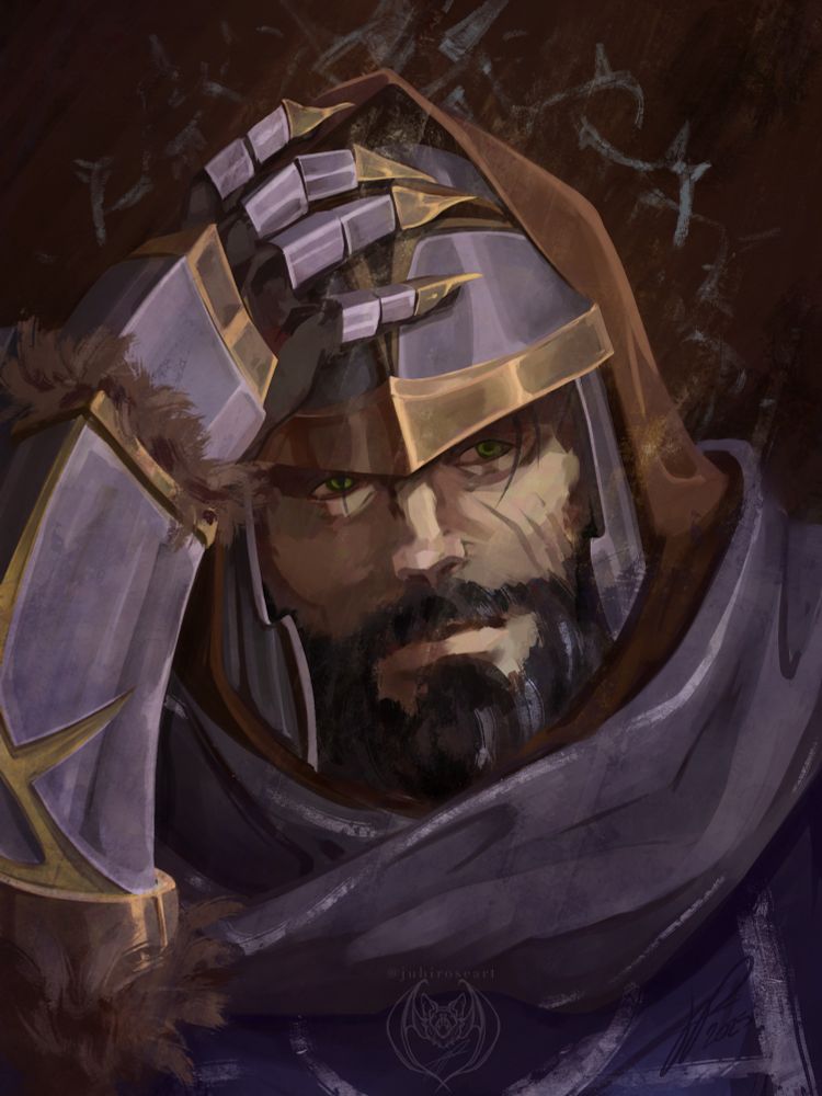 Illustration of a rugged paladin with a thick black beard raising the visor of his helmet.