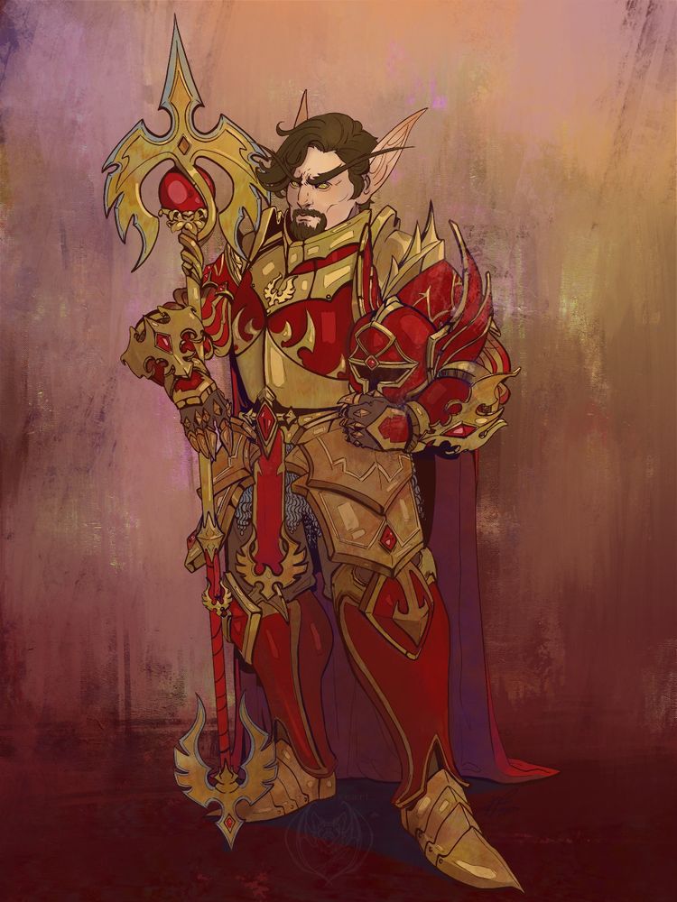 Drawing of a blood elf paladin stands guard, he’s wearing bold armour made of gold and red accents.