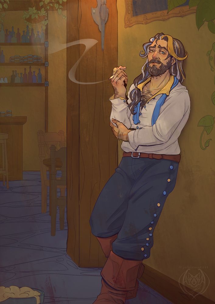 digital drawing of a man leisurely leaning against the wall of a tavern. The colours are warm and he holds a cigarette in his hands, he has a tired smile and long black hair with some yellow and blue strands.
