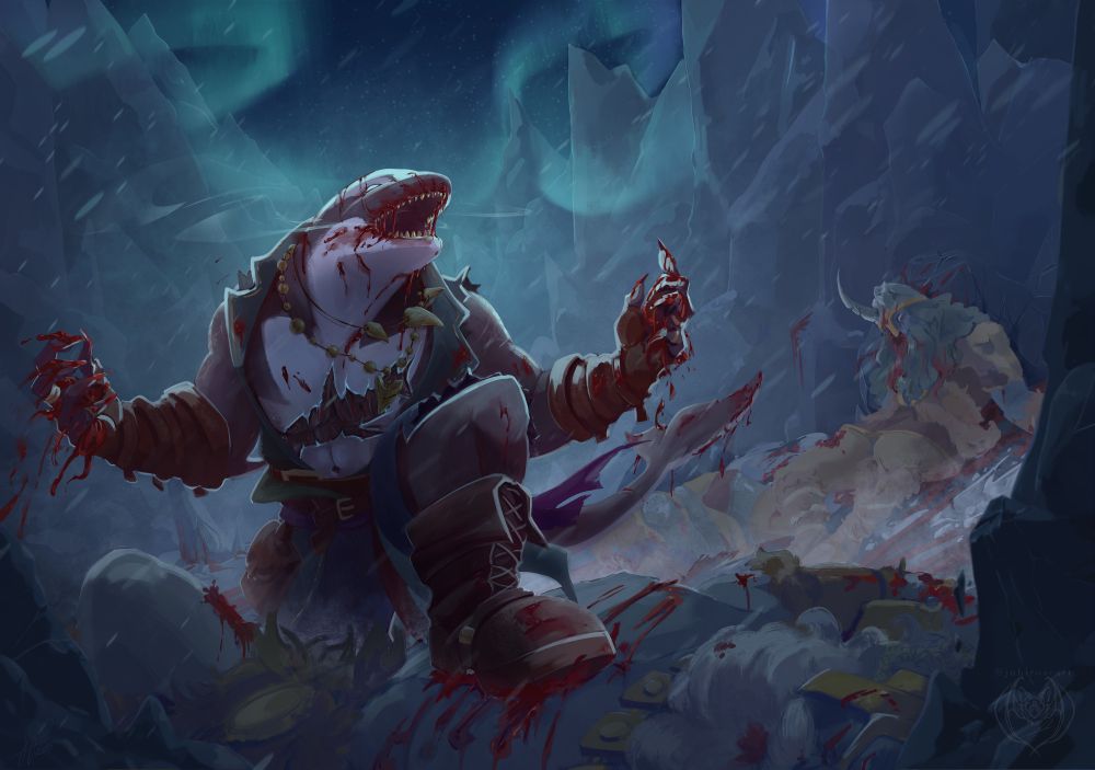 A wereorca stands atop a pile of fallen ice giants, his mouth and hands bloody from the battle. Giants are scattered on the snow and an aurora borealis lights the night sky.