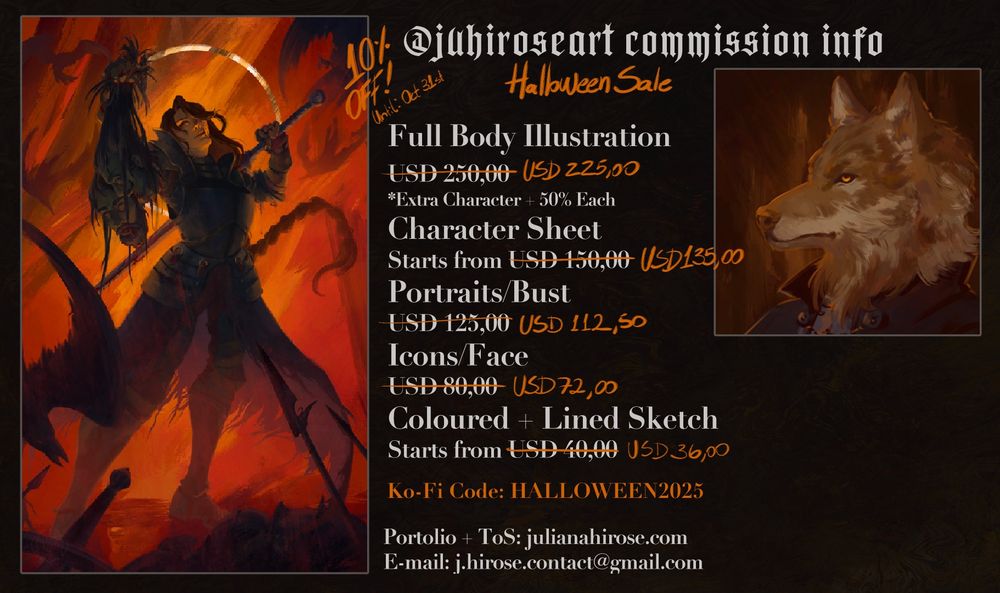 An image describing the prices of commissions on sale.
Full Body Illustration
USD 225,00
*Extra Character + 50% Each
Character Sheet
Starts from USD 135,00
Portraits/Bust
USD 112,25
Icons/Face
USD 72,00
Coloured + Lined Sketch
Starts from USD 36,00
