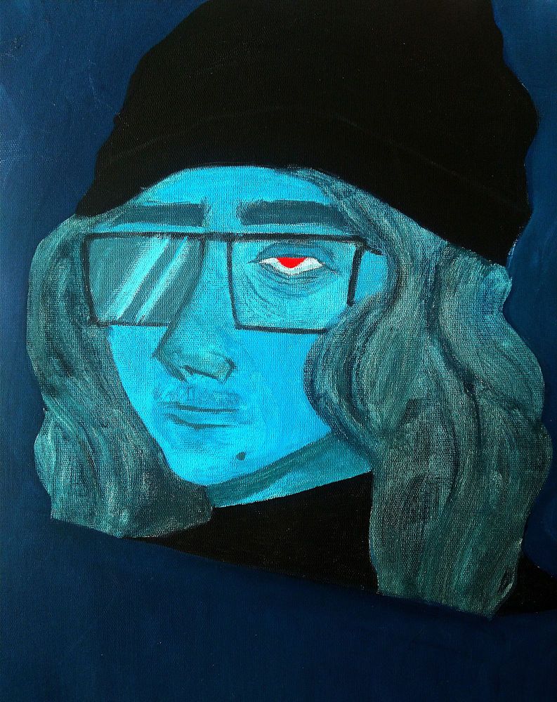 A self-portrait painted with shades of blue, green and a red pupil.

Um autorretrato pintado com tons de azul, verde e uma pupila vermelha.