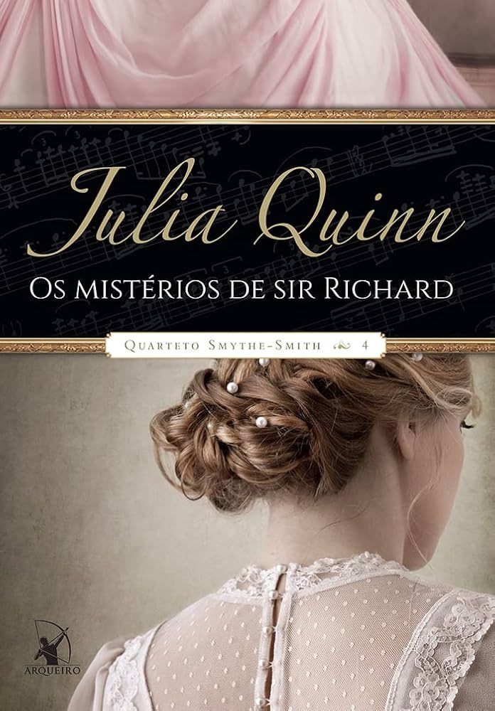 Capa do livro "Os Mistérios de Sir Richard". A capa mostra as costas de uma jovem de cabelo loiro escuro, com a pele clara, usando um vestido rosa pálido com rendas.