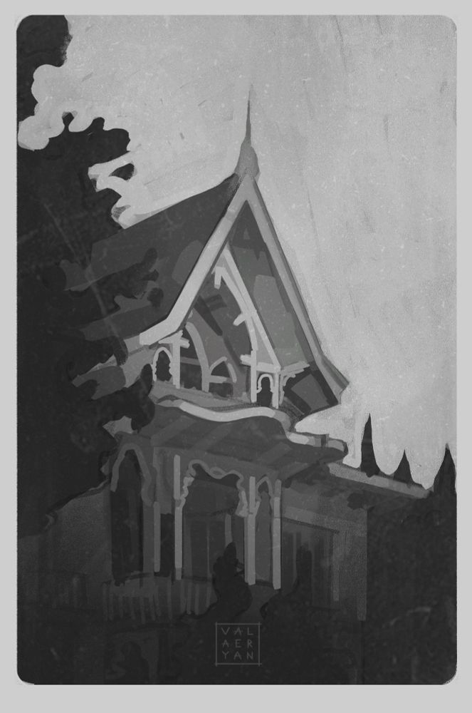 Black and white digital painting of a house with trees surrounding it (Photo by Gül Işık from Pexels)