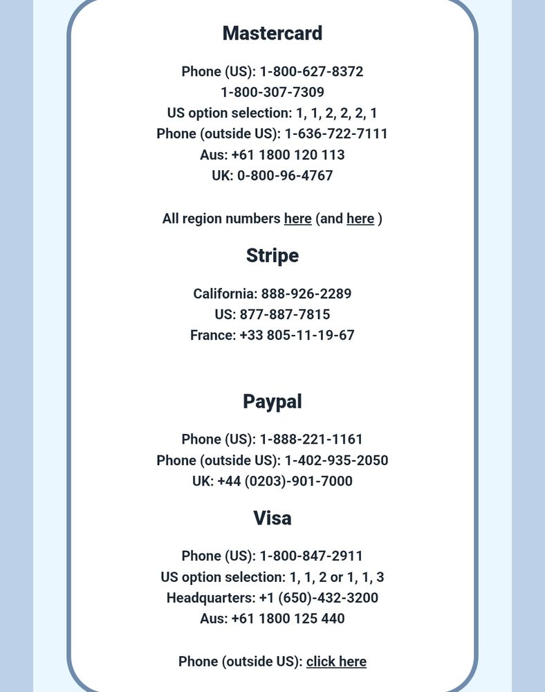 Mastercard

Phone (US): 1-800-627-8372
1-800-307-7309
US option selection: 1, 1, 2, 2, 2, 1
Phone (outside US): 1-636-722-7111
Aus: +61 1800 120 113
UK: 0-800-96-4767
All region numbers here (and here )

Stripe

California: 888-926-2289
US: 877-887-7815
France: +33 805-11-19-67

Paypal

Phone (US): 1-888-221-1161
Phone (outside US): 1-402-935-2050
UK: +44 (0203)-901-7000

Visa

Phone (US): 1-800-847-2911
US option selection: 1, 1, 2 or 1, 1, 3
Headquarters: +1 (650)-432-3200
Aus: +61 1800 125 440
Phone (outside US): click here
