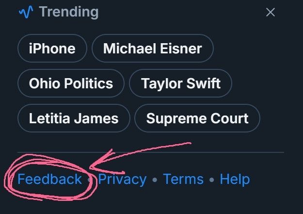 Screenshot of Bluesky with "Feedback" displayed under "Trending", alongside "Privacy", "Terms", and "Help".