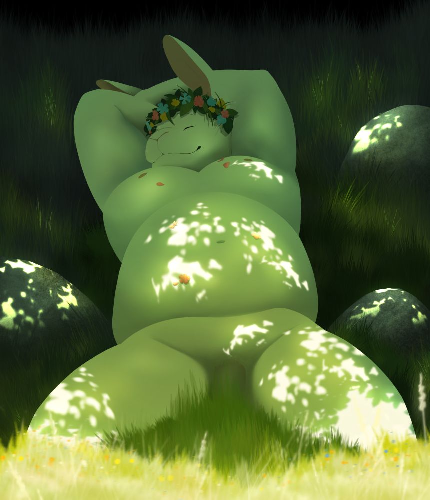 A fat male anthropomorphic rabbit wearing a flower crown reclining in fluffy grass and sun-dappled shade