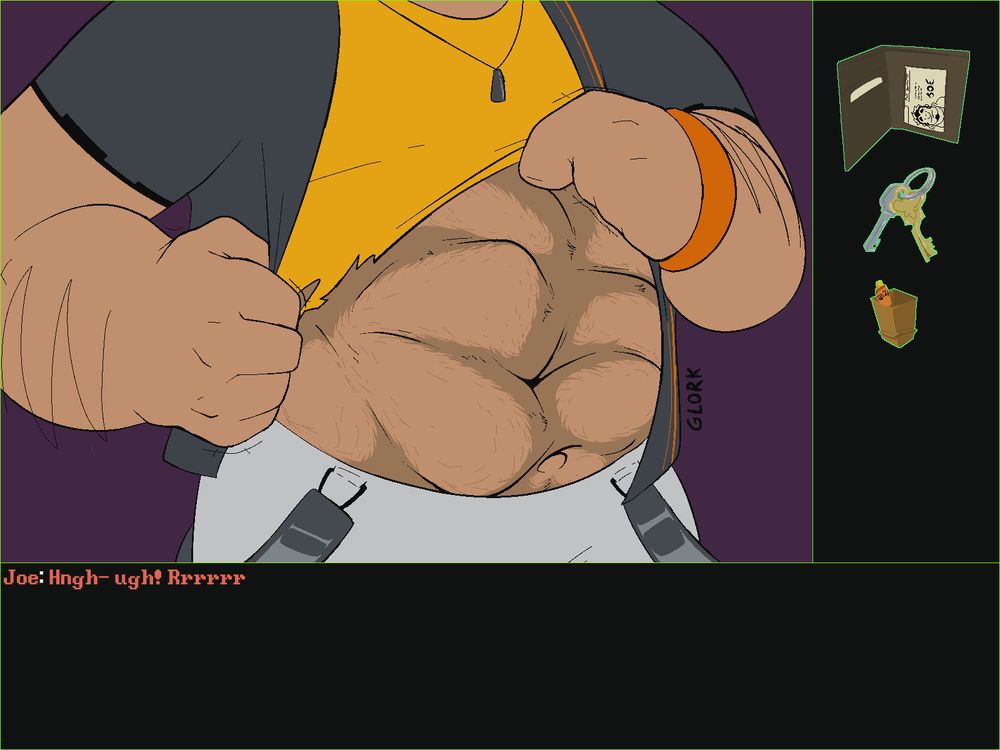 Joe's stomach is starting to shift. Brown fur begins to appear and the muscles are bulging and warping around with a *GLORK*
Text reads:
Joe: Hngh- ugh! Rrrrrr