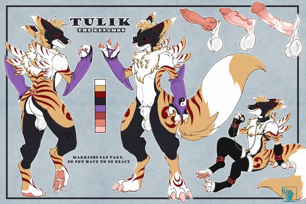Tulik as a Renamon in his original Red, Black, Tan, and White color scheme.  Three different dick options in the upper right hand corner (canine, human, and equine), with a small outfit pose in the bottom right.

Jn the outfit pose, Tully is holding the end of a chain leash attached to a collar, arm and leg warmers, and a harness.  He's looking teasy and flirty, as usual.