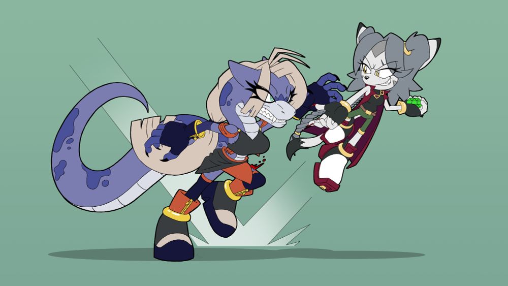 Olive has stolen one of Noxia's own stolen gems, and Noxia is chasing after her. Noxia got her thigh cut a bit by Olive's claws, as she bounces around, avoiding Noxia's attempts to grab her.