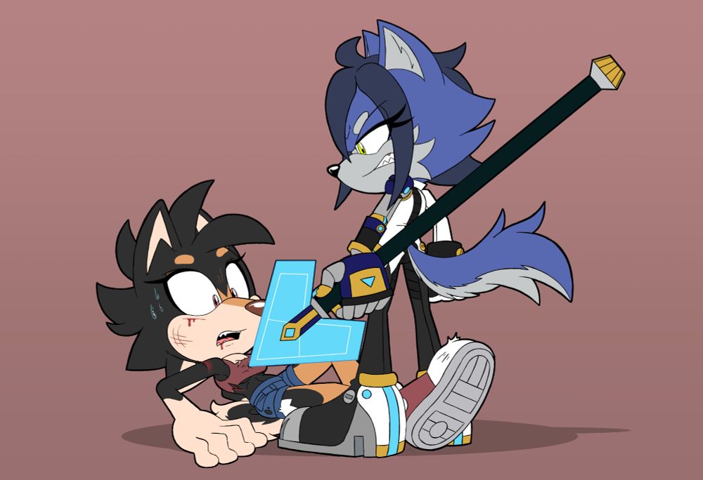 Alexia has Shira pinned to the floor, with the tip of her weapon pressed up against Shira's chest. Shira looks like she's taken most of the damage in this fight. Meanwhile Alexia looks unscathed. Shira is very much outclassed in this match.