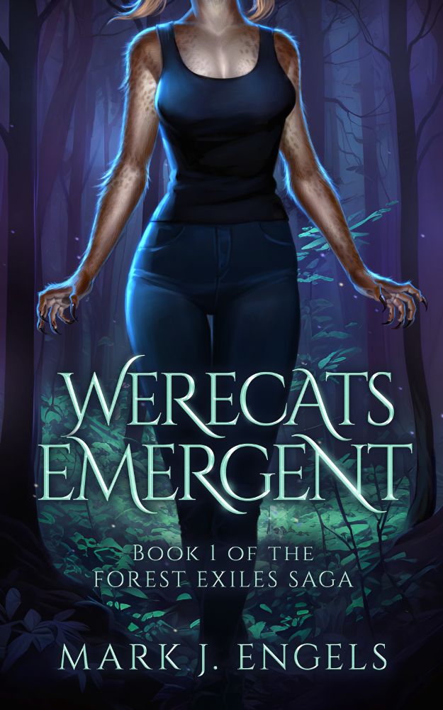 Contemporary action fantasy book Werecats Emergent cover, first in the 'Forest Exiles' series by Mark J. Engels. The cover depicts the main female character Pawly in story related garb, skinny jeans and a tank top, from the neck down, stalking toward the viewer with her arms held slightly out to either side. From elbow down, her forearms and hand grow fur, and her fingers are tipped with sharp talons. Background features a thick forest glen with moonlight streaming in through the canopy behind her.