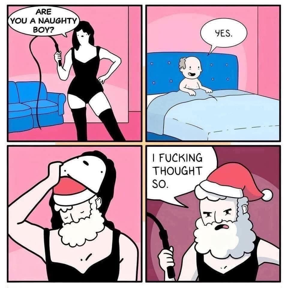 Image of a dominatrix asking if you’ve been naughty, but it’s really Santa