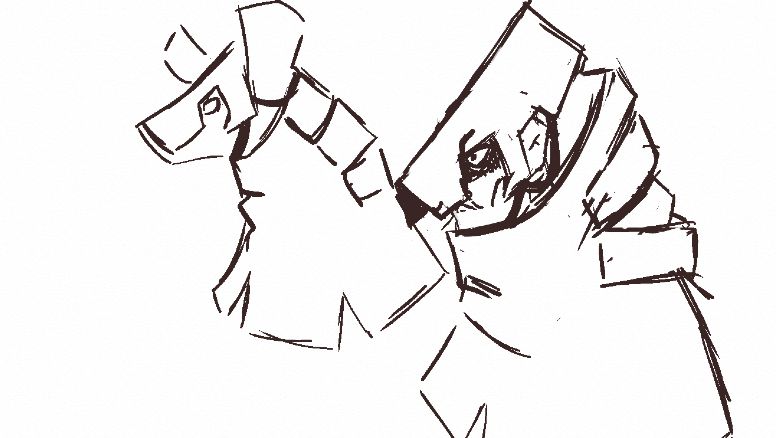 Some creature shaped beast race and a human both wearing matching armor.

However the armor was only made with the creature in mind and poorly fits on the human figure with a long overhanging visor that would normally be covering a snout, and a oversize poncho meant for a long neck.