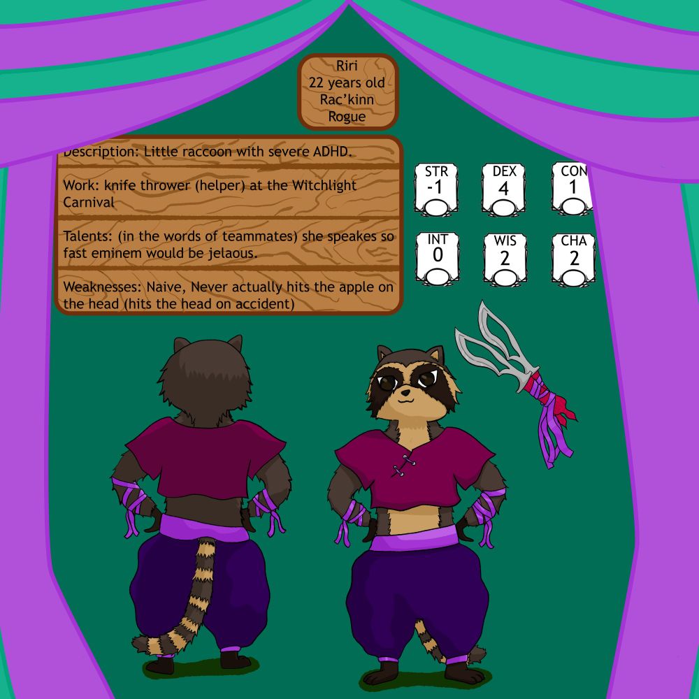 Riri, a little bit overactive character working at the Witchlight Carnival for the last 16 years from the moment she got lost there and her parents were nowhere to be seen. She aspires to become the main knife thrower of the carnival, but for some reason it never goes correctly. She hits, but maybe the wrong place. Supposed to hit an apple on the head? She hits the head, every single time without fail. And thus she is only allowed to train on plushies.