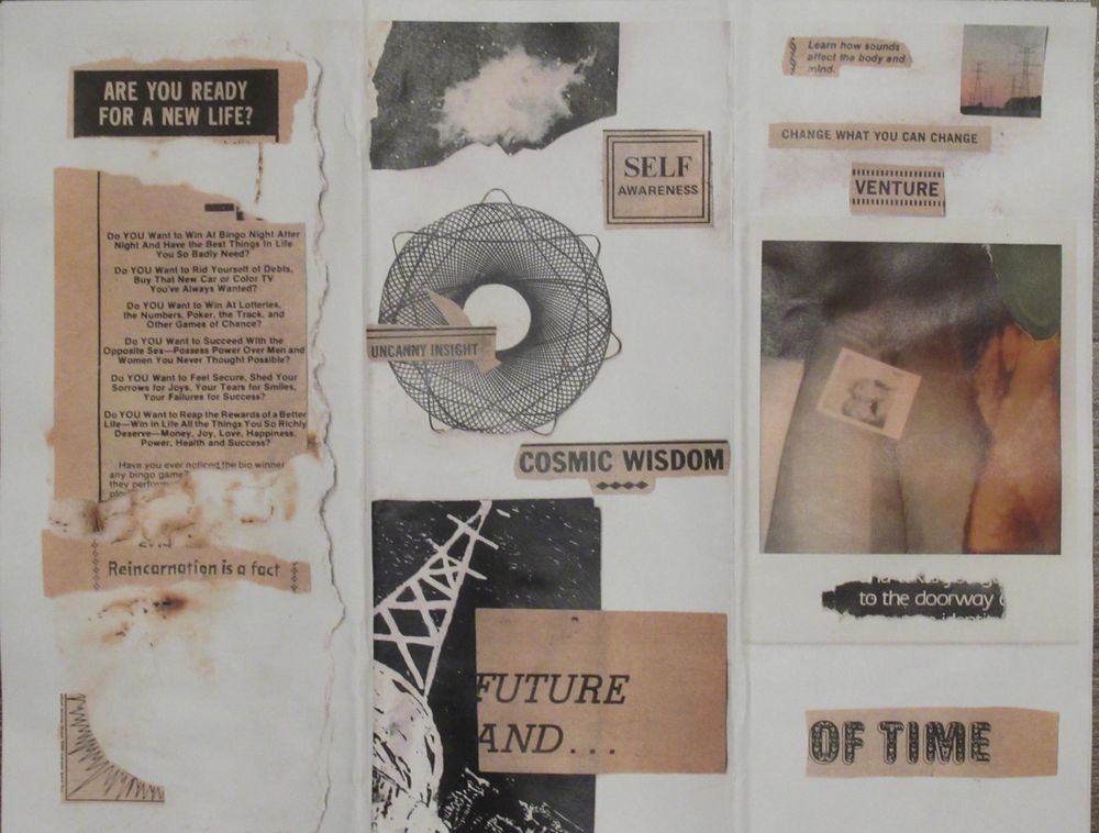 Collage made with assorted pictures of spirals, electrical and radio towers as well as galaxies, plus words from old advertisements promising cosmic wisdom and winnings at bingo. 