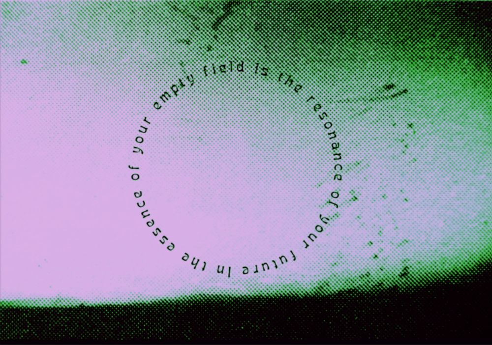 A blurry newsprint horizon with the words "In the essence of your empty field is the resonance of your future" in a circle above. 