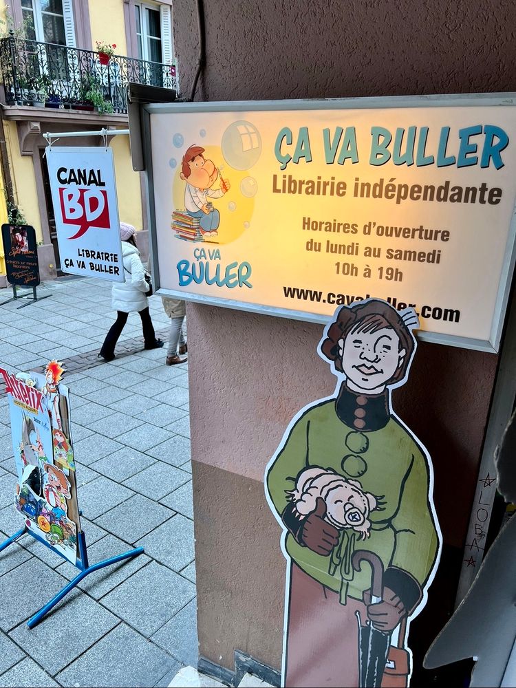 The sign for the French comic shop Ça Va Buller in Strasbourg 