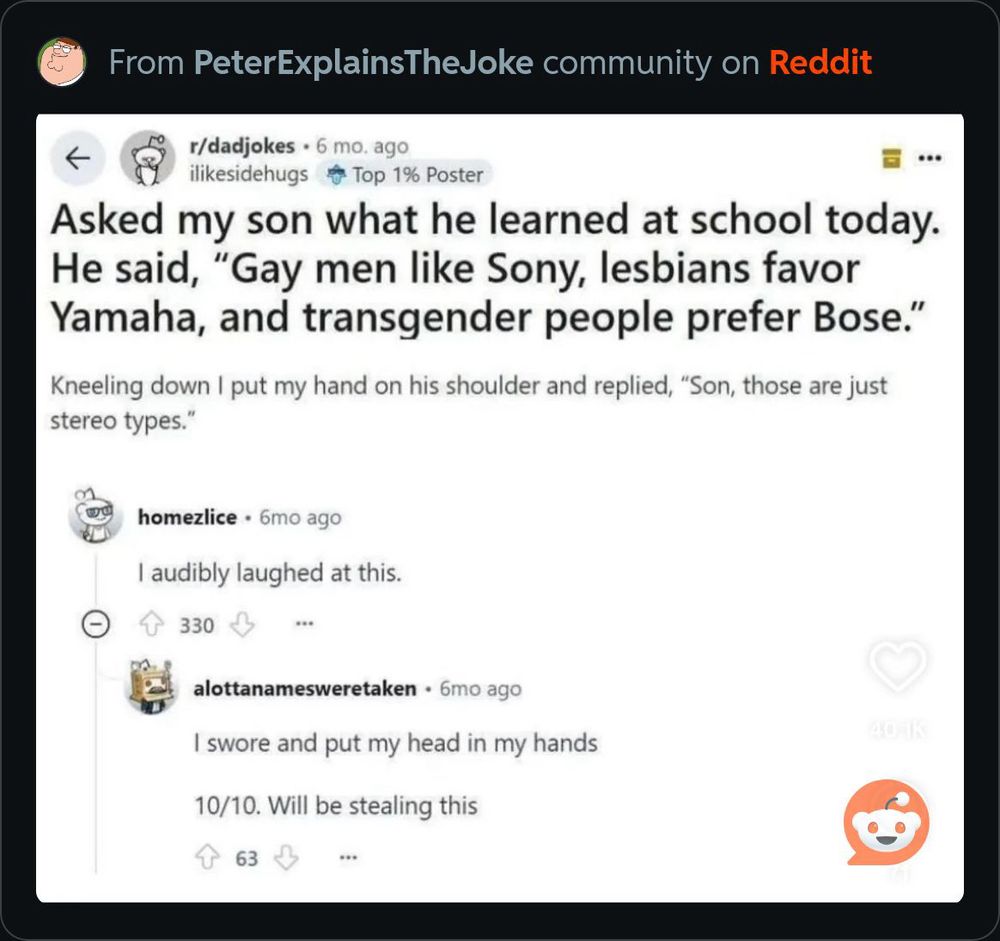 Reddit post from r/dadjokes:

Asked my son what he learned at school today.
He said, "Gay men like Sony, lesbians favor Yamaha, and transgender people prefer Bose."

Kneeling down I put my hand on his shoulder and replied, "Son, those are just stereo types."
