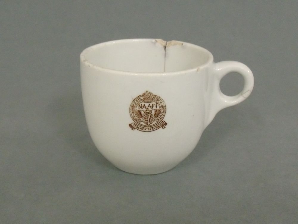 White ceramic NAAFI cup with logo