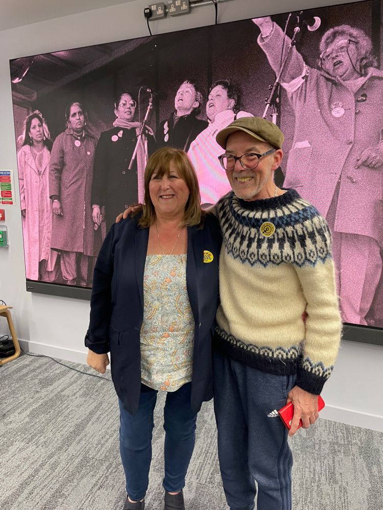 Rose Hunter (NSMWAG) and Mike Jackson, co-founder of Lesbians and Gays Support the Miners (LGSM)