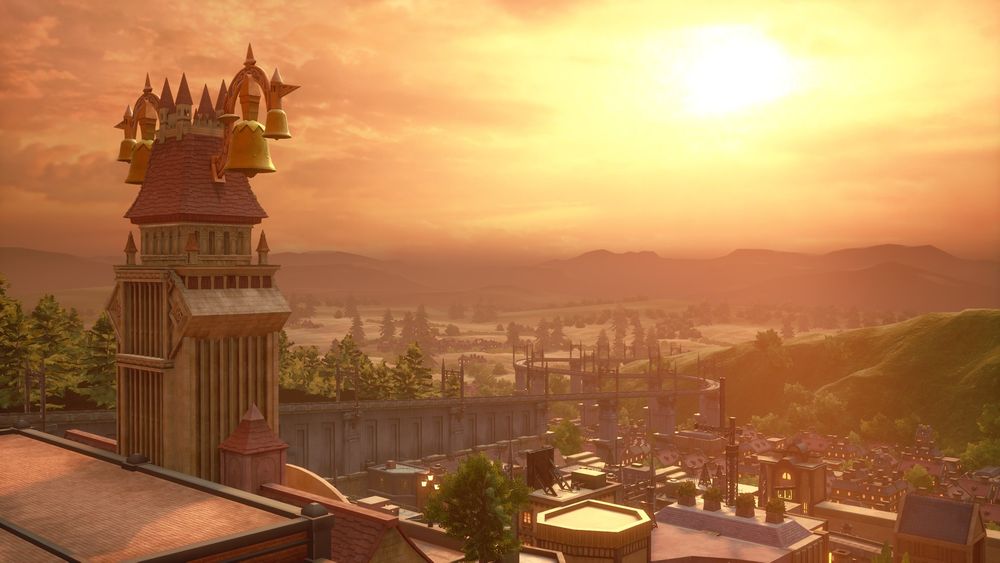 Twilight Town from Kingdom Hearts 3. A clocktower on left, facing a sun setting with landscape on right.